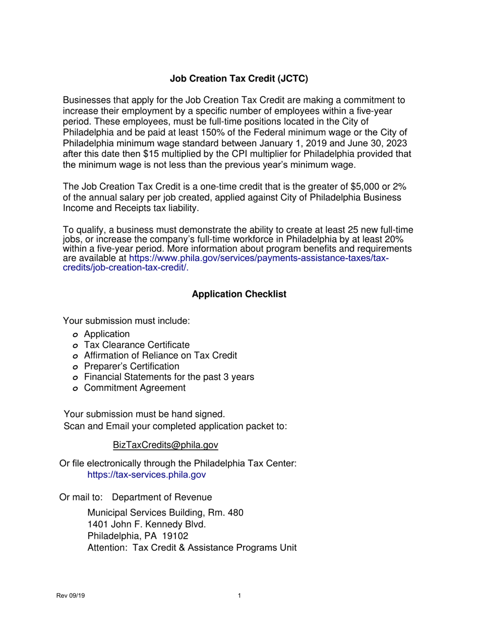 City of Philadelphia, Pennsylvania Job Creation Tax Credit Application