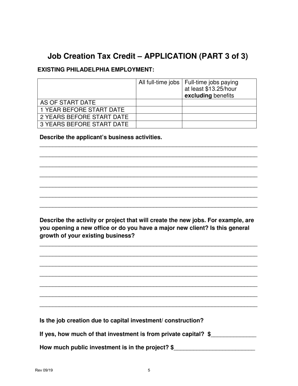 Job Creation Tax Credit Application - City of Philadelphia, Pennsylvania, Page 5