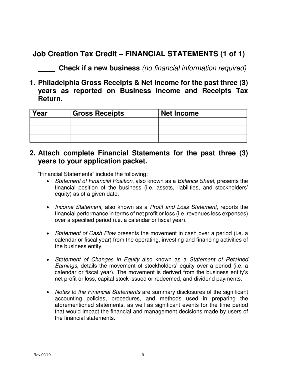 Job Creation Tax Credit Application - City of Philadelphia, Pennsylvania, Page 9