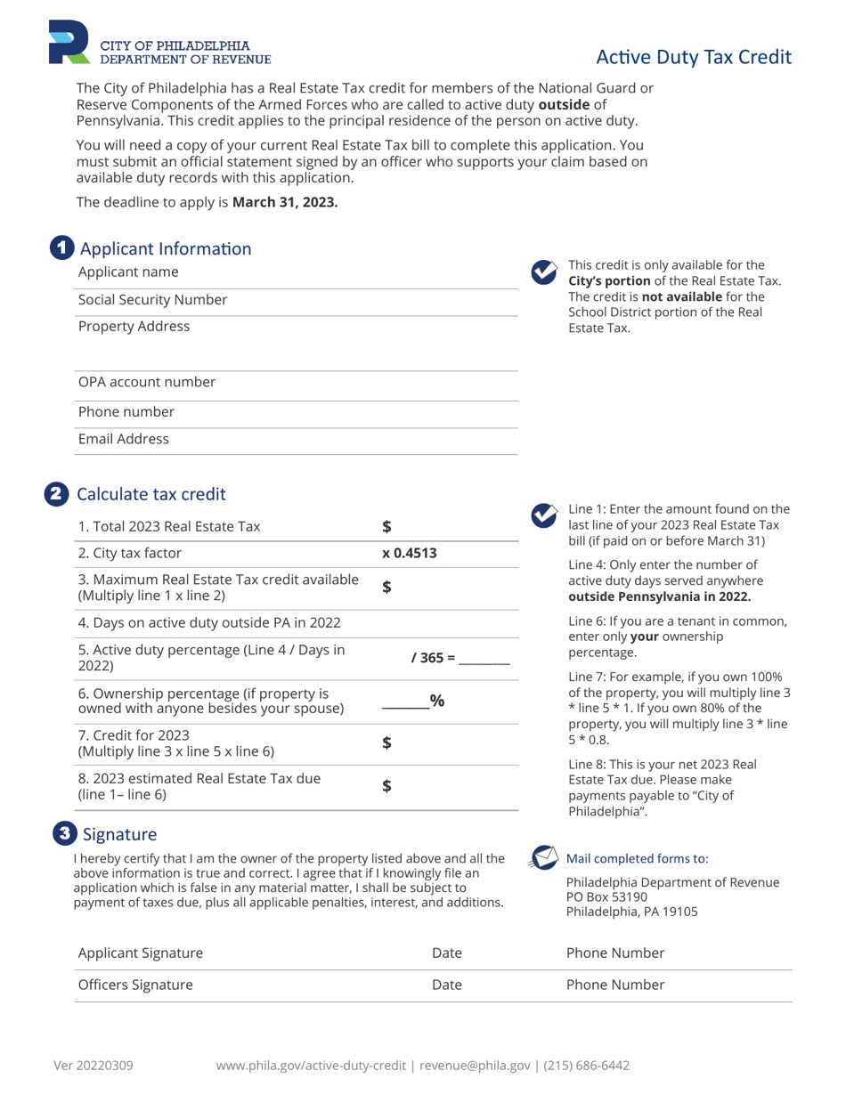 Active Duty Tax Credit - City of Philadelphia, Pennsylvania, Page 1