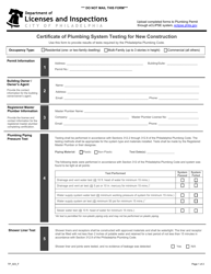 Document preview: Form TP_023_F Certificate of Plumbing System Testing for New Construction - City of Philadelphia, Pennsylvania