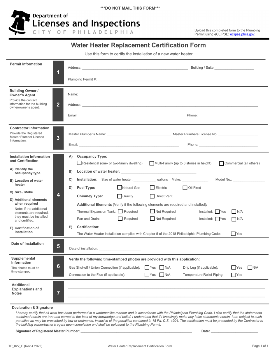 Form TP_022_F Water Heater Replacement Certification Form - City of Philadelphia, Pennsylvania, Page 1