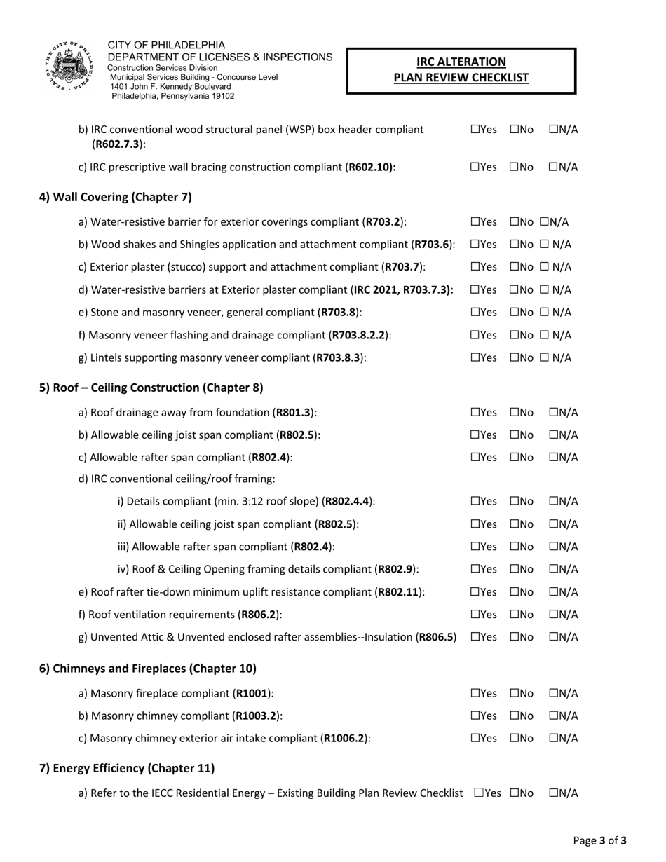 IRC Alteration Plan Review Checklist - City of Philadelphia, Pennsylvania, Page 3