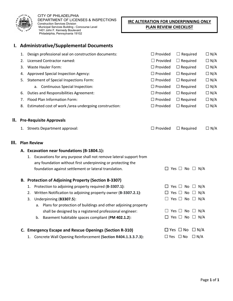 IRC Alteration for Underpinning Only Plan Review Checklist - City of Philadelphia, Pennsylvania, Page 1