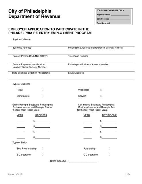 Employer Application to Participate in the Philadelphia Re-entry Employment Program - City of Philadelphia, Pennsylvania Download Pdf