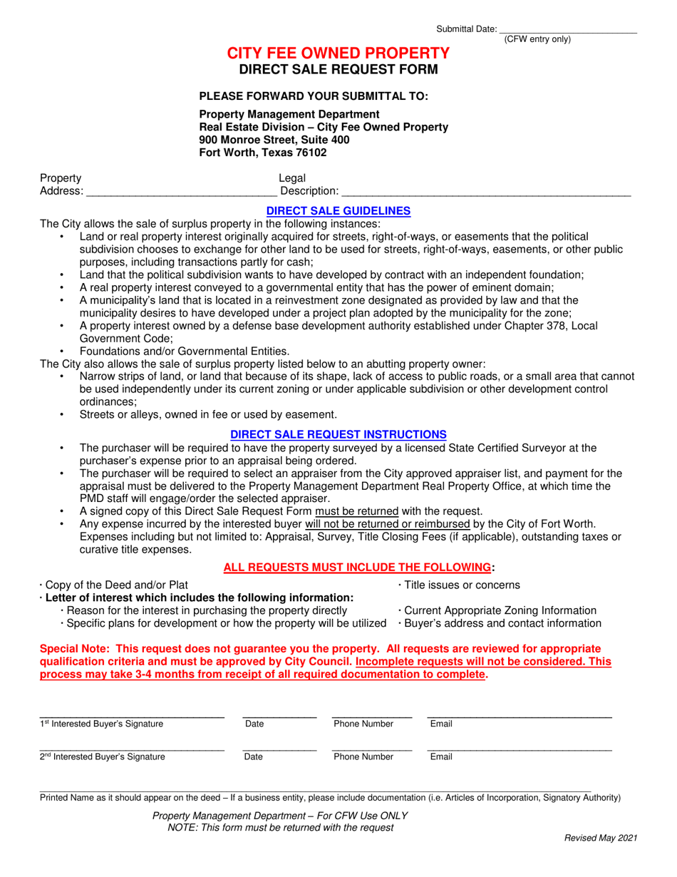 City Fee Owned Property Direct Sale Request Form - City of Fort Worth, Texas, Page 1