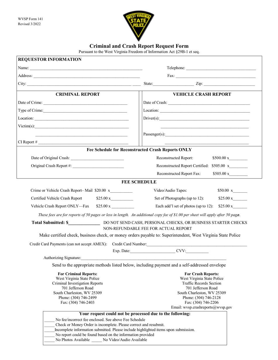 WVSP Form 41 Criminal and Crash Report Request Form - West Virginia, Page 1