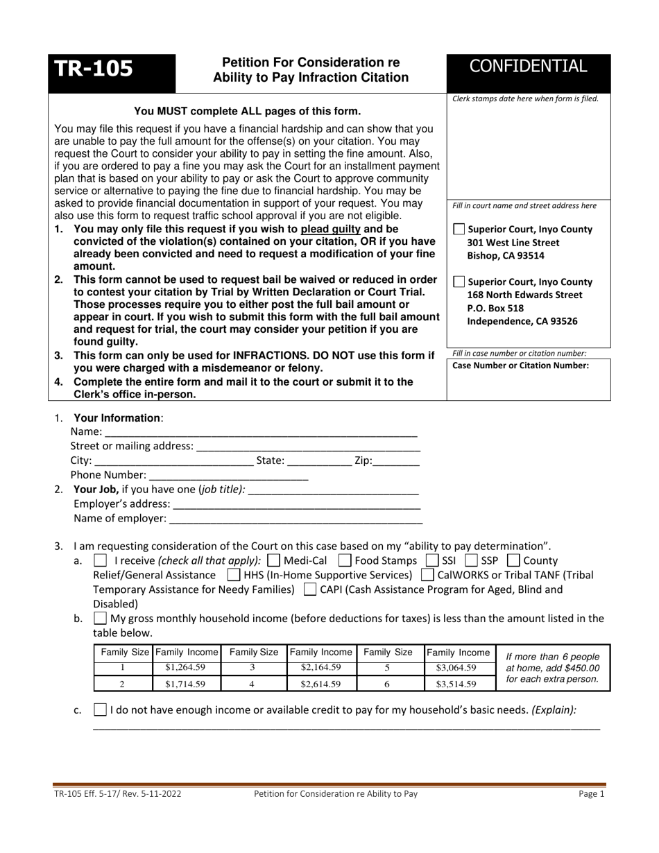 Form TR-105 Petition for Consideration Re Ability to Pay Infraction Citation - County of Inyo, California, Page 1