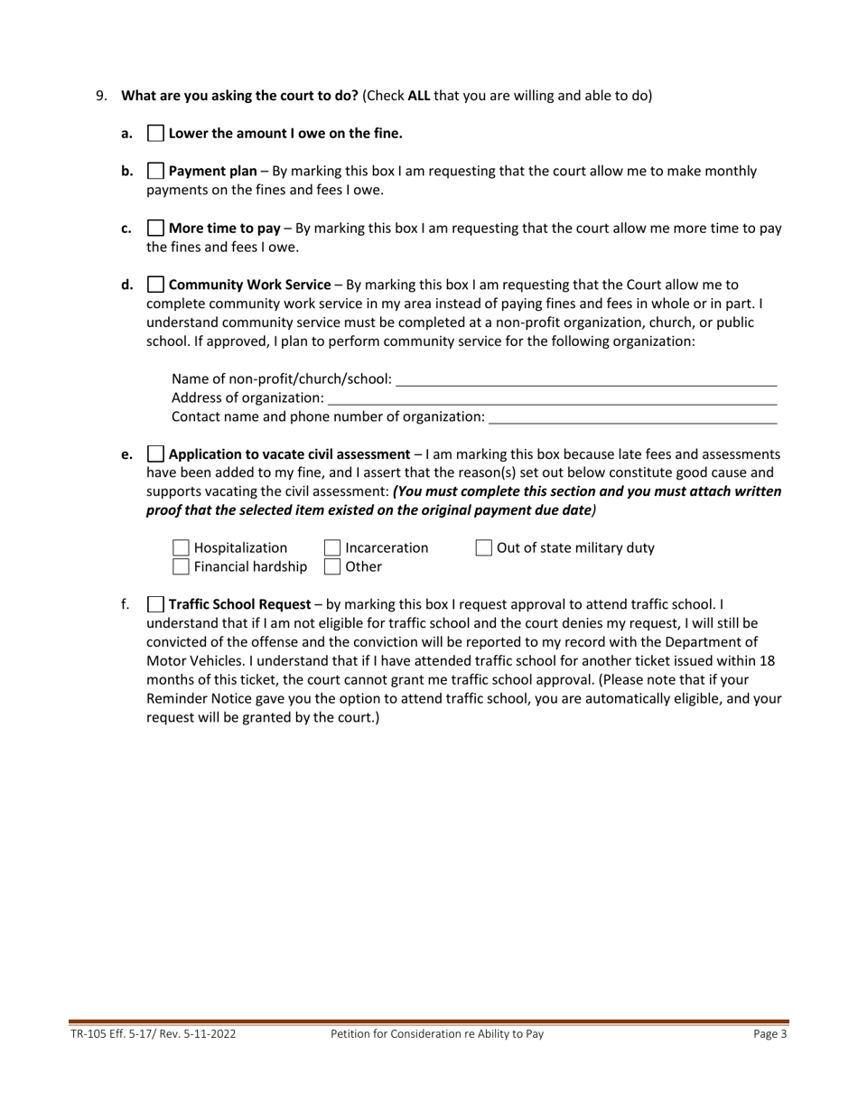 Form TR-105 Petition for Consideration Re Ability to Pay Infraction Citation - County of Inyo, California, Page 3