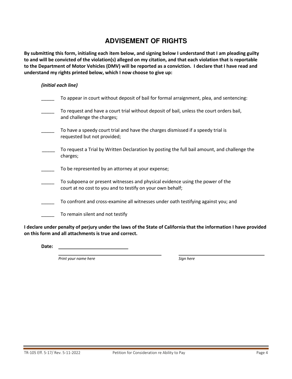 Form TR-105 Petition for Consideration Re Ability to Pay Infraction Citation - County of Inyo, California, Page 4