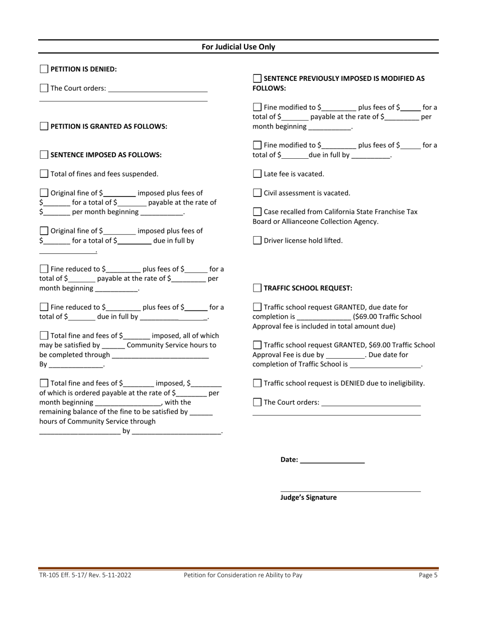 Form TR-105 Petition for Consideration Re Ability to Pay Infraction Citation - County of Inyo, California, Page 5