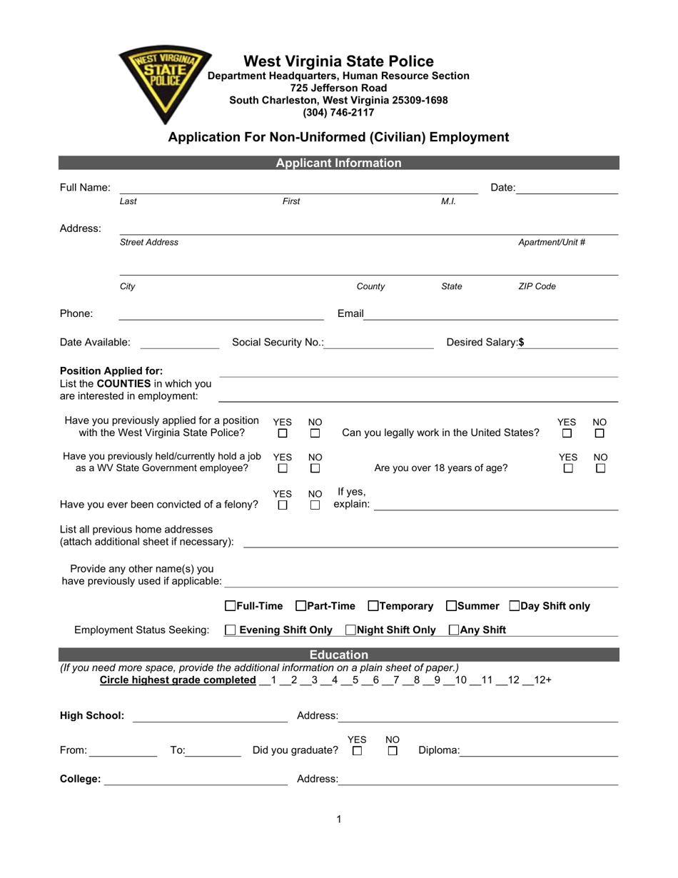 WVSP Form 5 Application for Non-uniformed (Civilian) Employment - West Virginia, Page 1