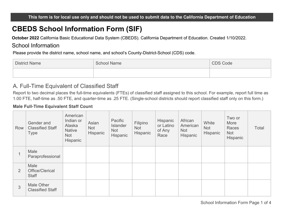 2022 California Cbeds School Information Form (Sif) Fill Out, Sign