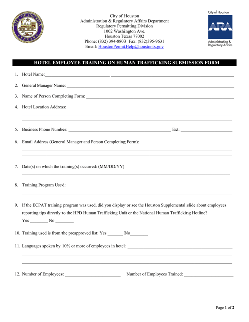Hotel Employee Training on Human Trafficking Submission Form - City of Houston, Texas