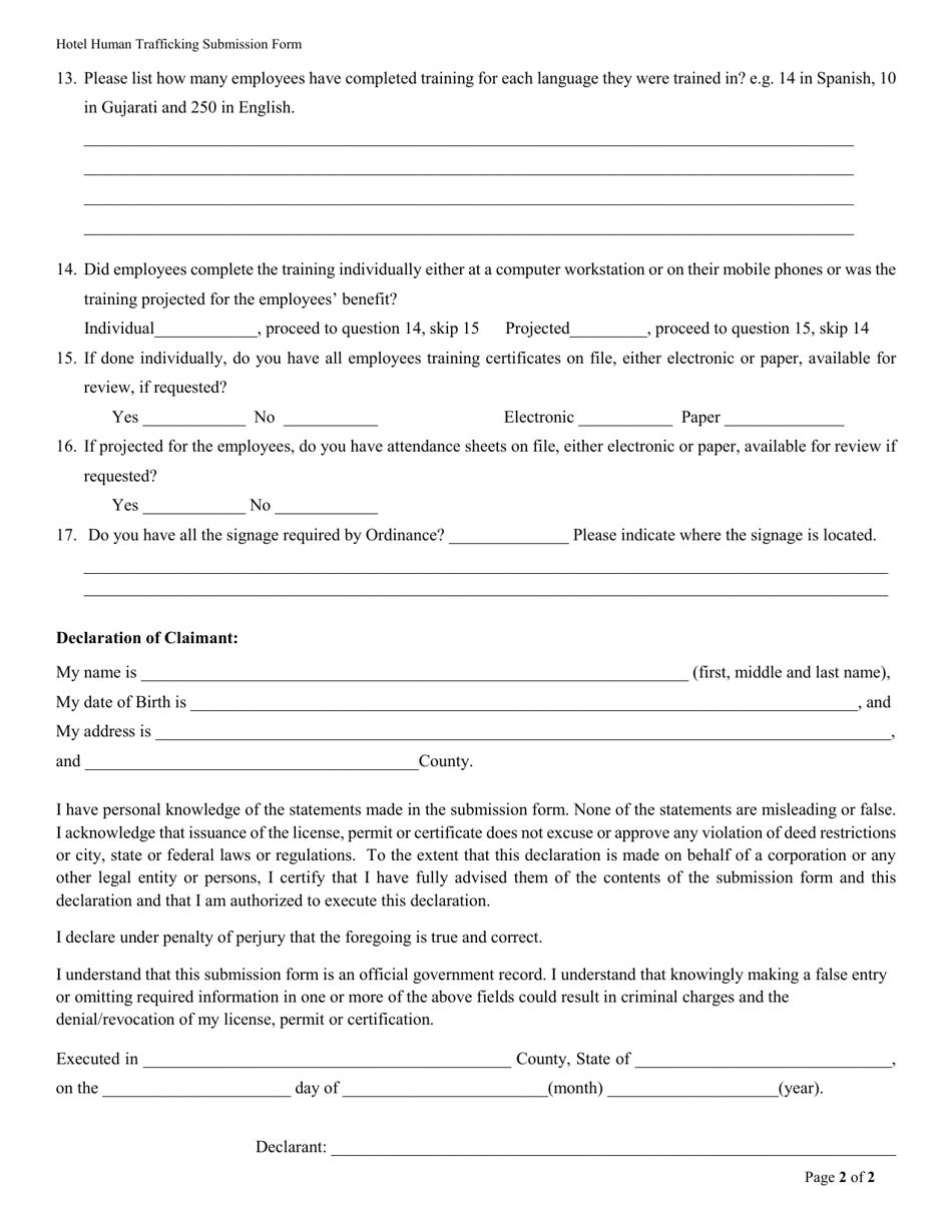 Hotel Employee Training on Human Trafficking Submission Form - City of Houston, Texas, Page 2