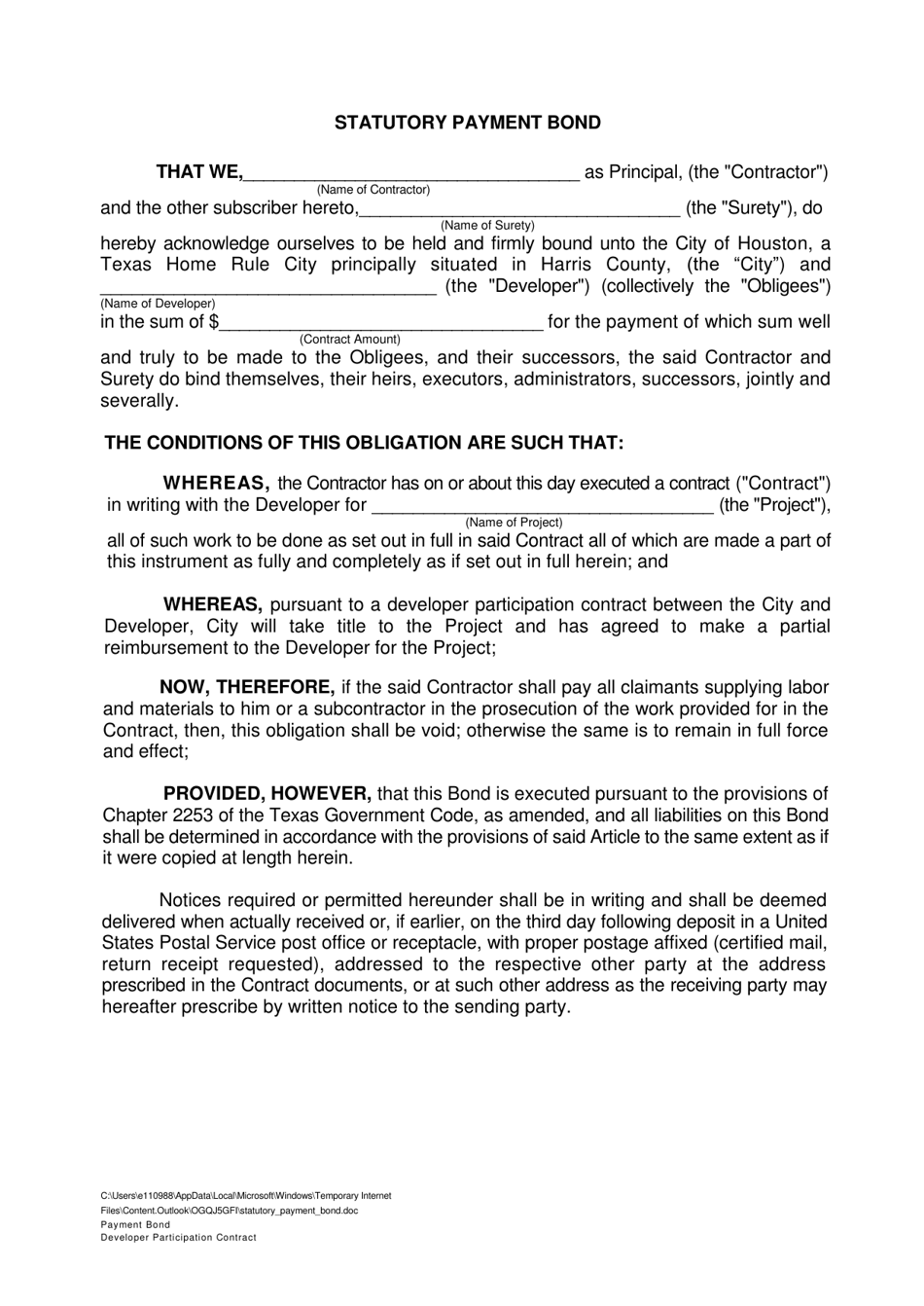 City of Houston, Texas Statutory Payment Bond Fill Out, Sign Online