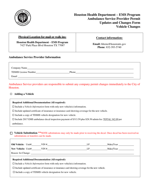Ambulance Service Provider Permit Updates and Changes Form - Vehicle Changes - EMS Program - City of Houston, Texas Download Pdf
