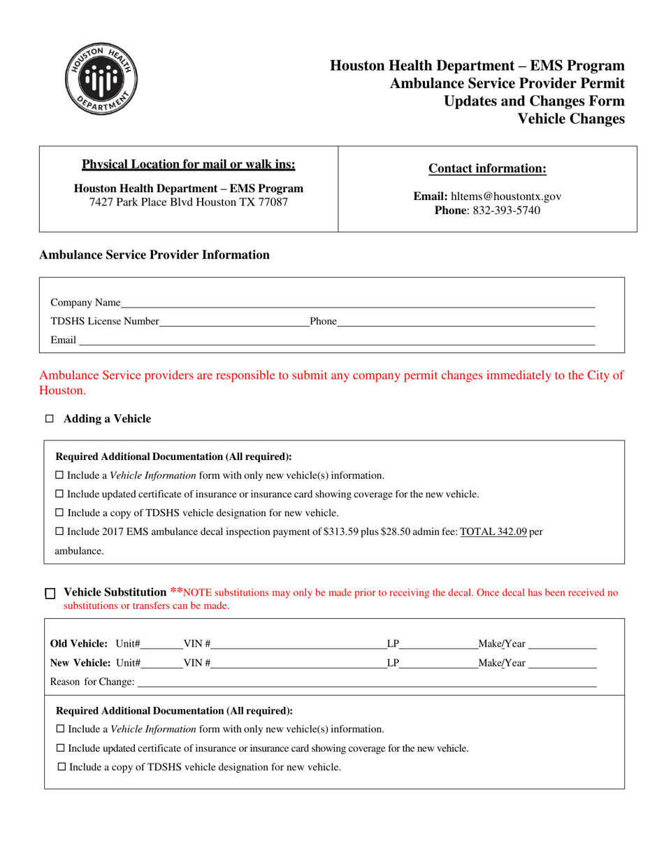 Ambulance Service Provider Permit Updates and Changes Form - Vehicle Changes - EMS Program - City of Houston, Texas, Page 1