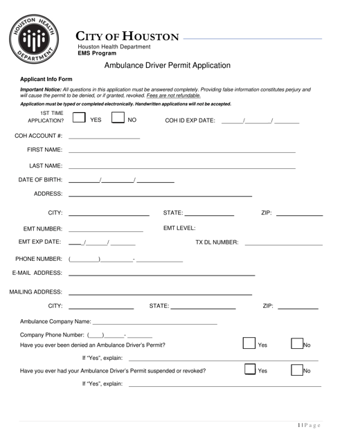 Ambulance Driver Permit Application - City of Houston, Texas Download Pdf