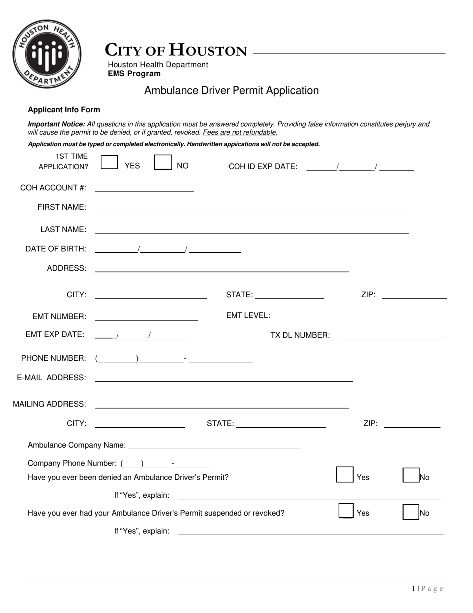 Ambulance Driver Permit Application - City of Houston, Texas, Page 1