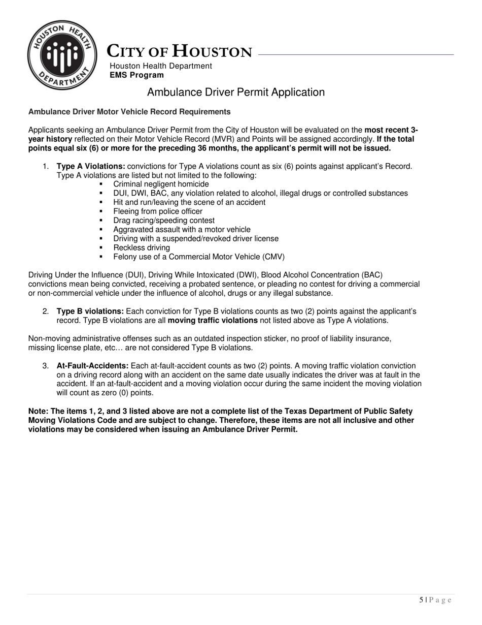 Ambulance Driver Permit Application - City of Houston, Texas, Page 5