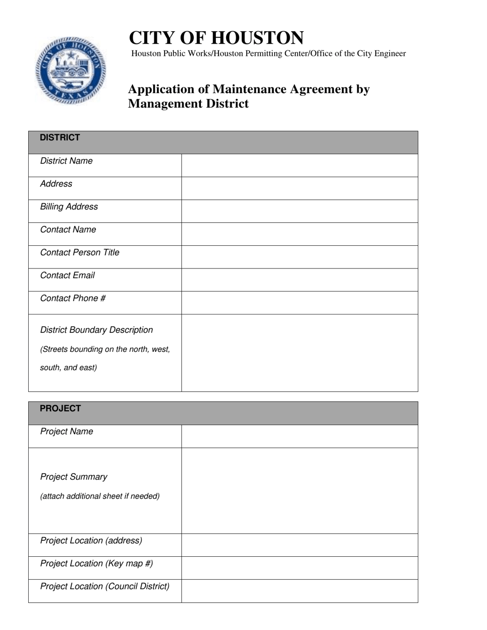Application of Maintenance Agreement by Management District - City of Houston, Texas, Page 1
