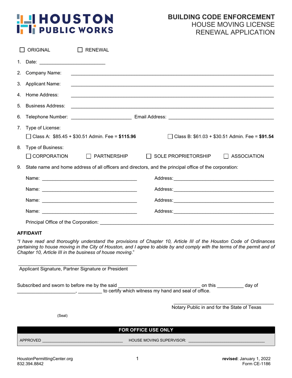 Form CE-1186 House Moving License Renewal Application - City of Houston, Texas, Page 1