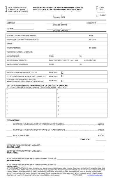 Application for Certified Farmers Market License - City of Houston, Texas Download Pdf