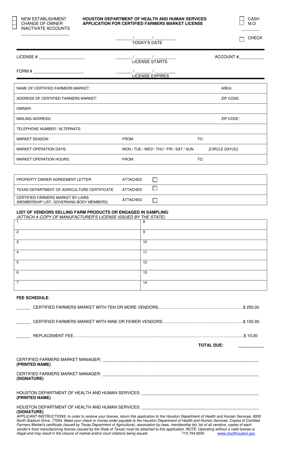 Application for Certified Farmers Market License - City of Houston, Texas, Page 1