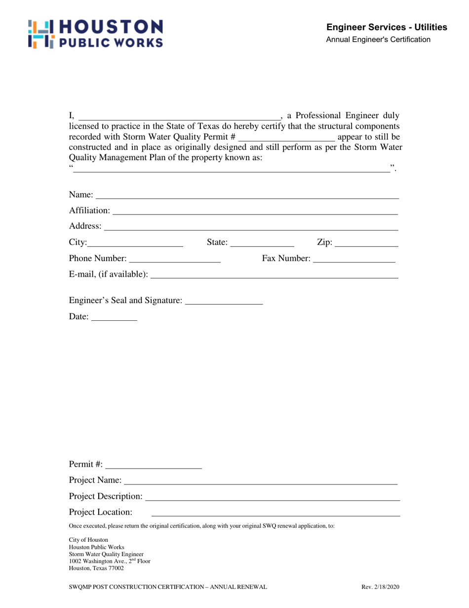 Annual Engineers Certification - City of Houston, Texas, Page 1