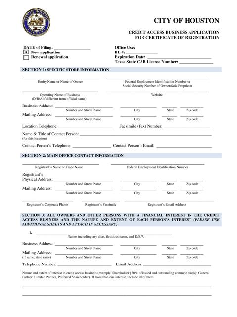 Credit Access Business Application for Certificate of Registration - City of Houston, Texas Download Pdf