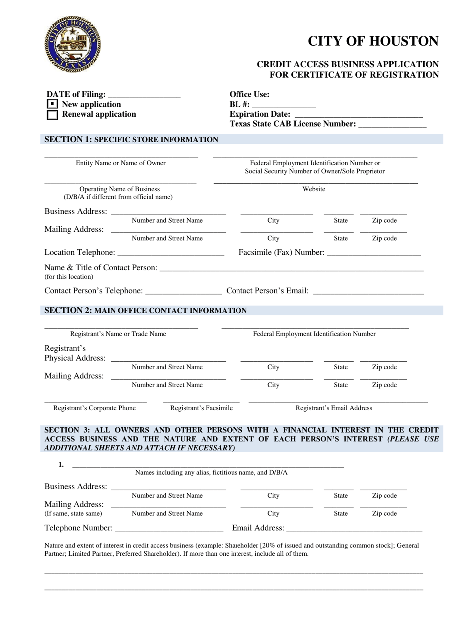 Credit Access Business Application for Certificate of Registration - City of Houston, Texas, Page 1