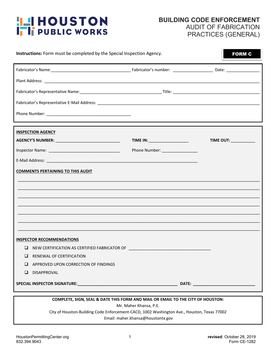 Form C (CE-1282) Audit of Fabrication Practices (General) - City of Houston, Texas, Page 1