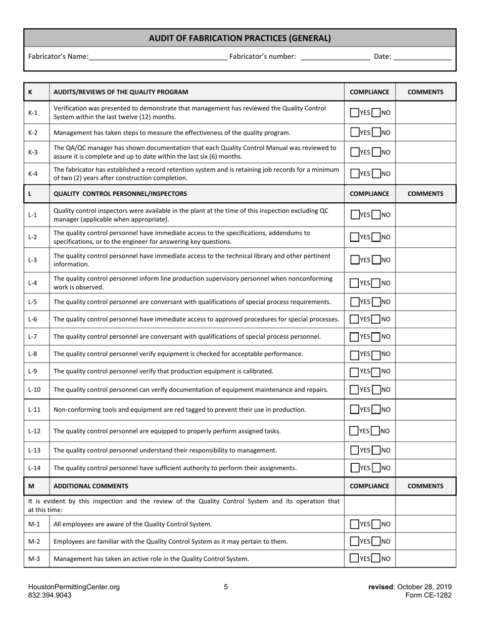 Form C (CE-1282) Audit of Fabrication Practices (General) - City of Houston, Texas, Page 5