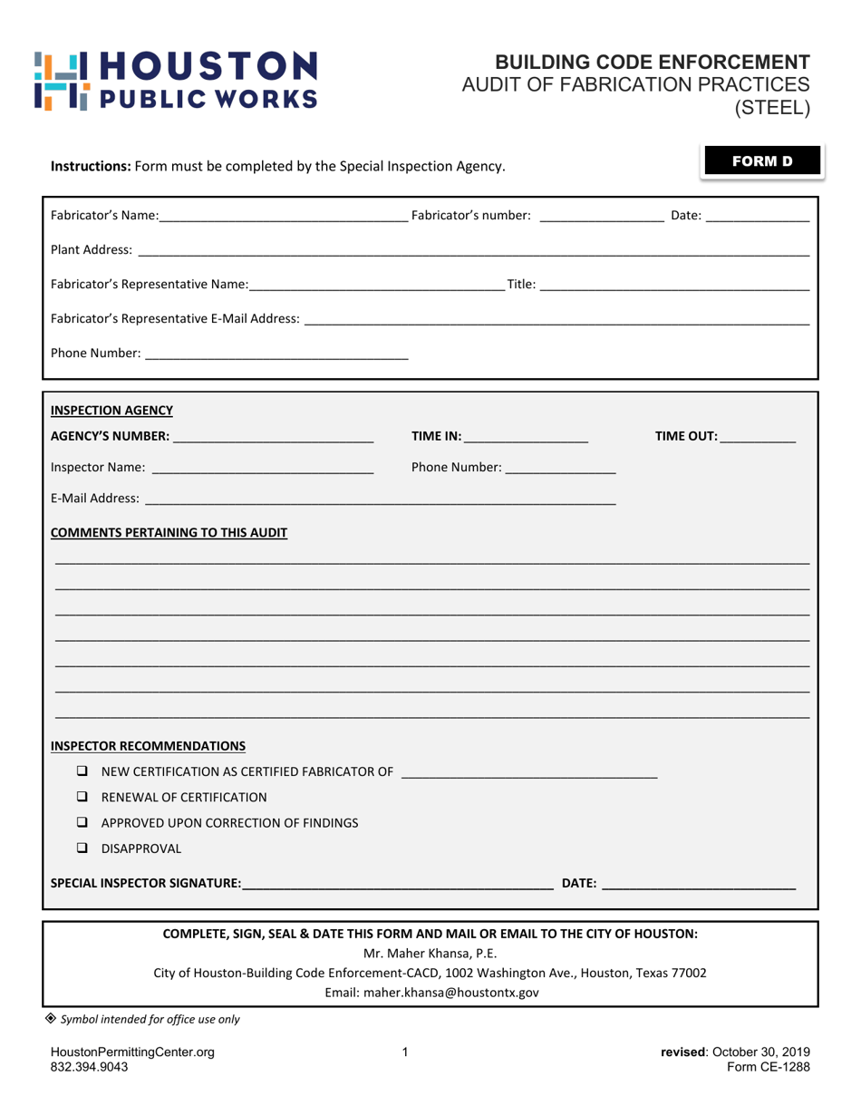 Form D (CE-1288) Audit of Fabrication Practices (Steel) - City of Houston, Texas, Page 1