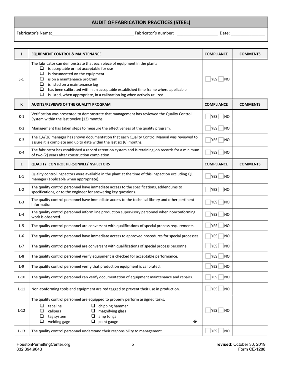Form D (CE-1288) Audit of Fabrication Practices (Steel) - City of Houston, Texas, Page 5