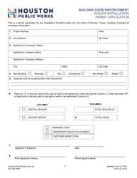 Document preview: Form CE-1016 Boiler Installation Permit Application - City of Houston, Texas