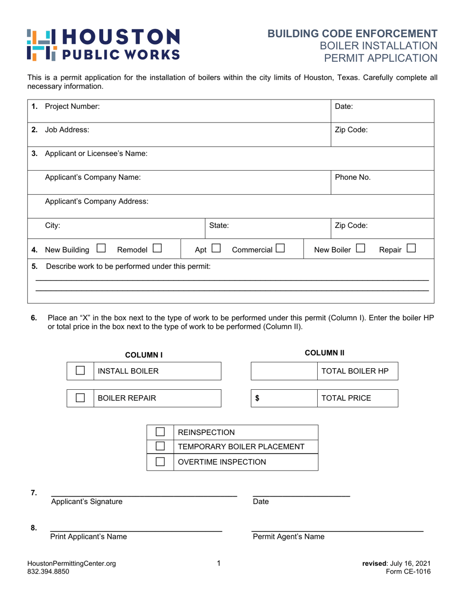 Form CE-1016 Boiler Installation Permit Application - City of Houston, Texas, Page 1