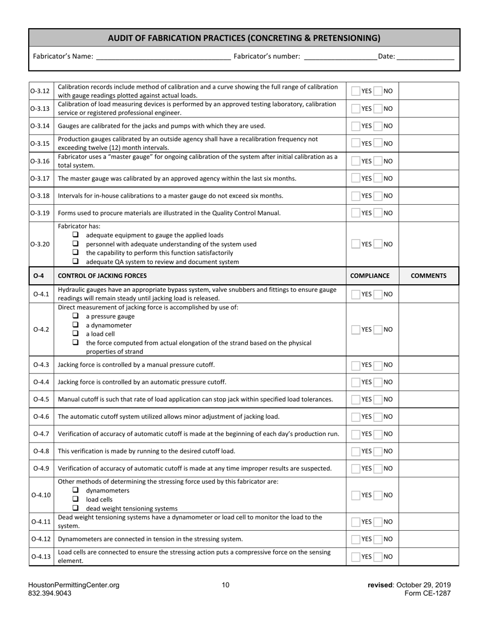 Form G (CE-1287) Audit of Fabrication Practices (Concreting  Pretensioning) - City of Houston, Texas, Page 10
