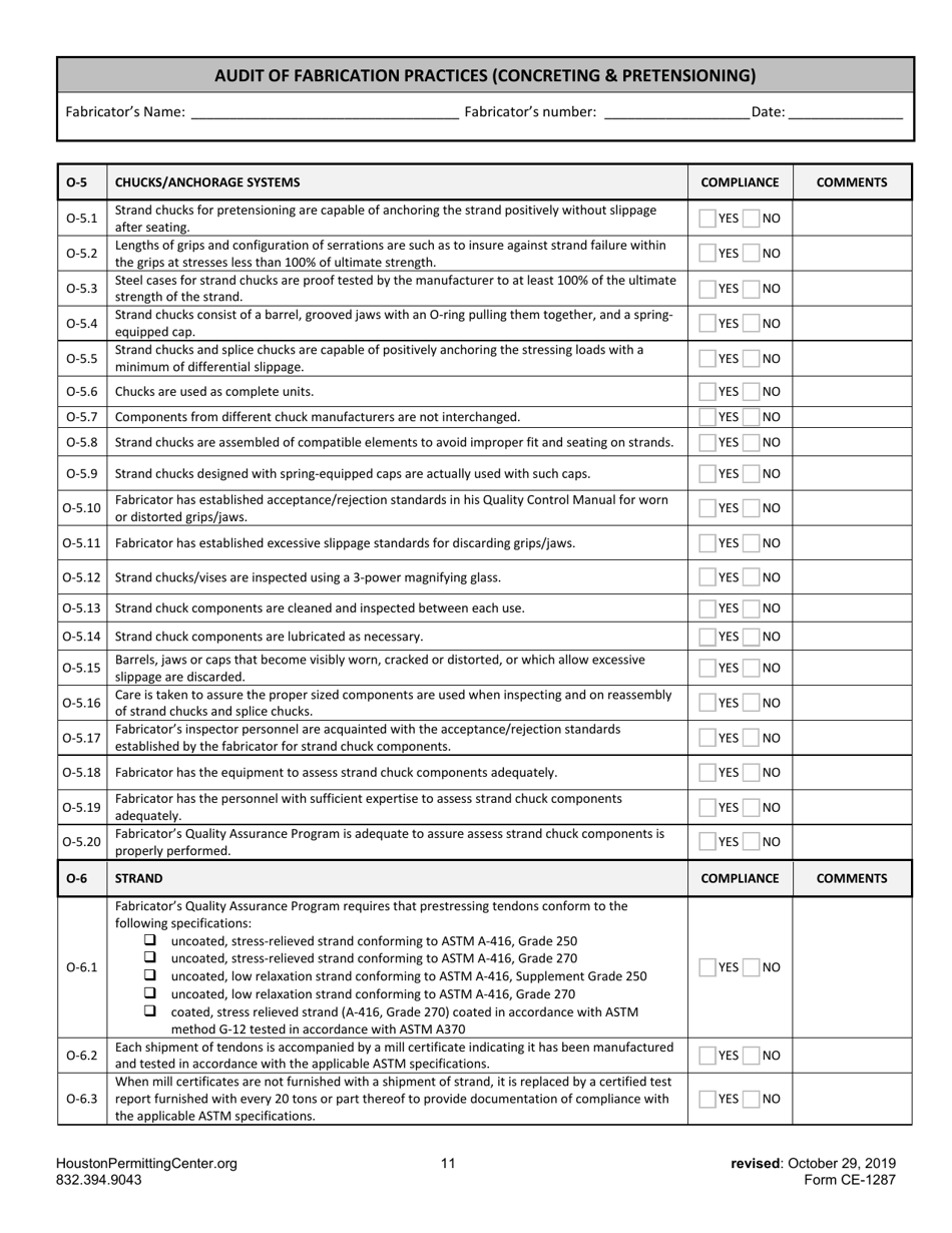 Form G (CE-1287) Audit of Fabrication Practices (Concreting  Pretensioning) - City of Houston, Texas, Page 11
