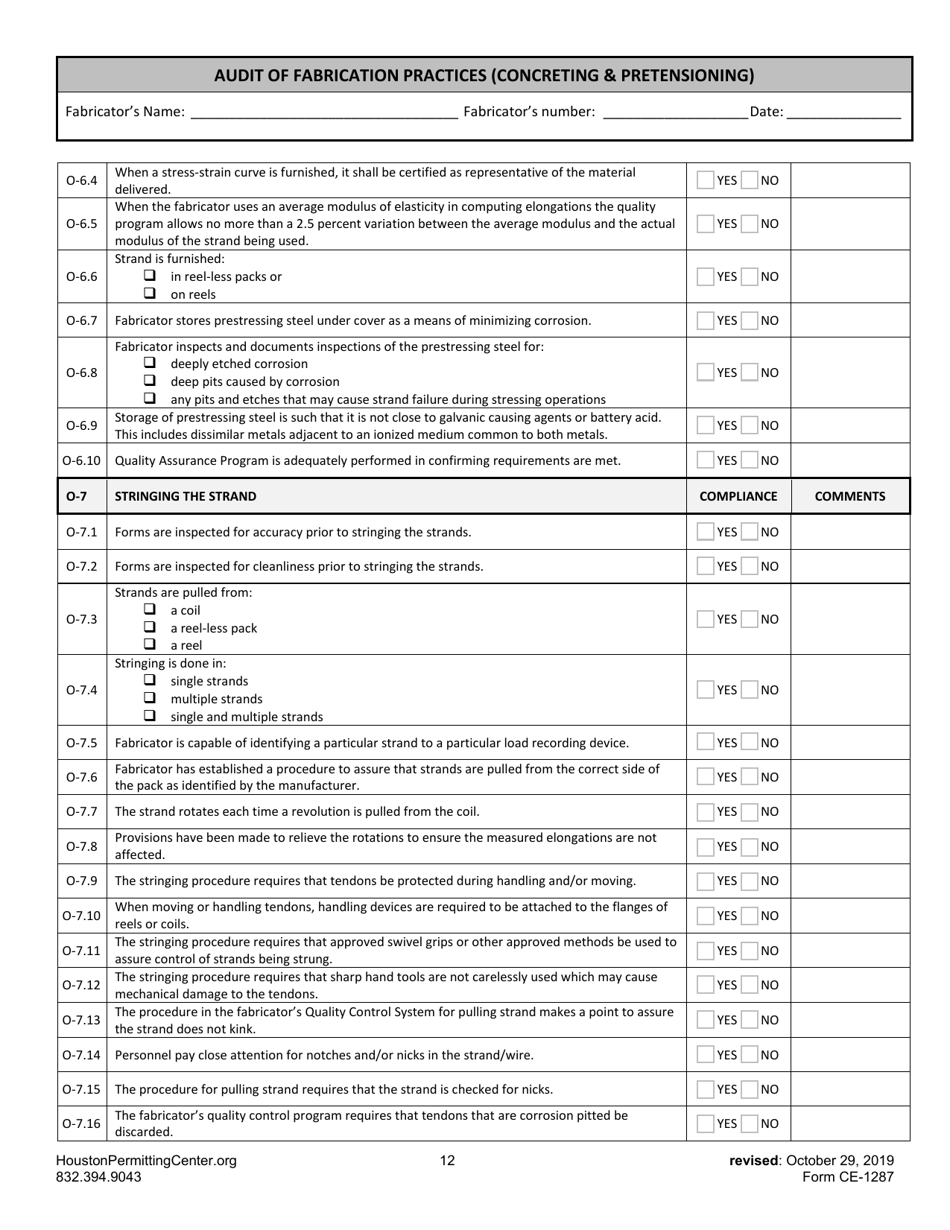 Form G (CE-1287) Audit of Fabrication Practices (Concreting  Pretensioning) - City of Houston, Texas, Page 12