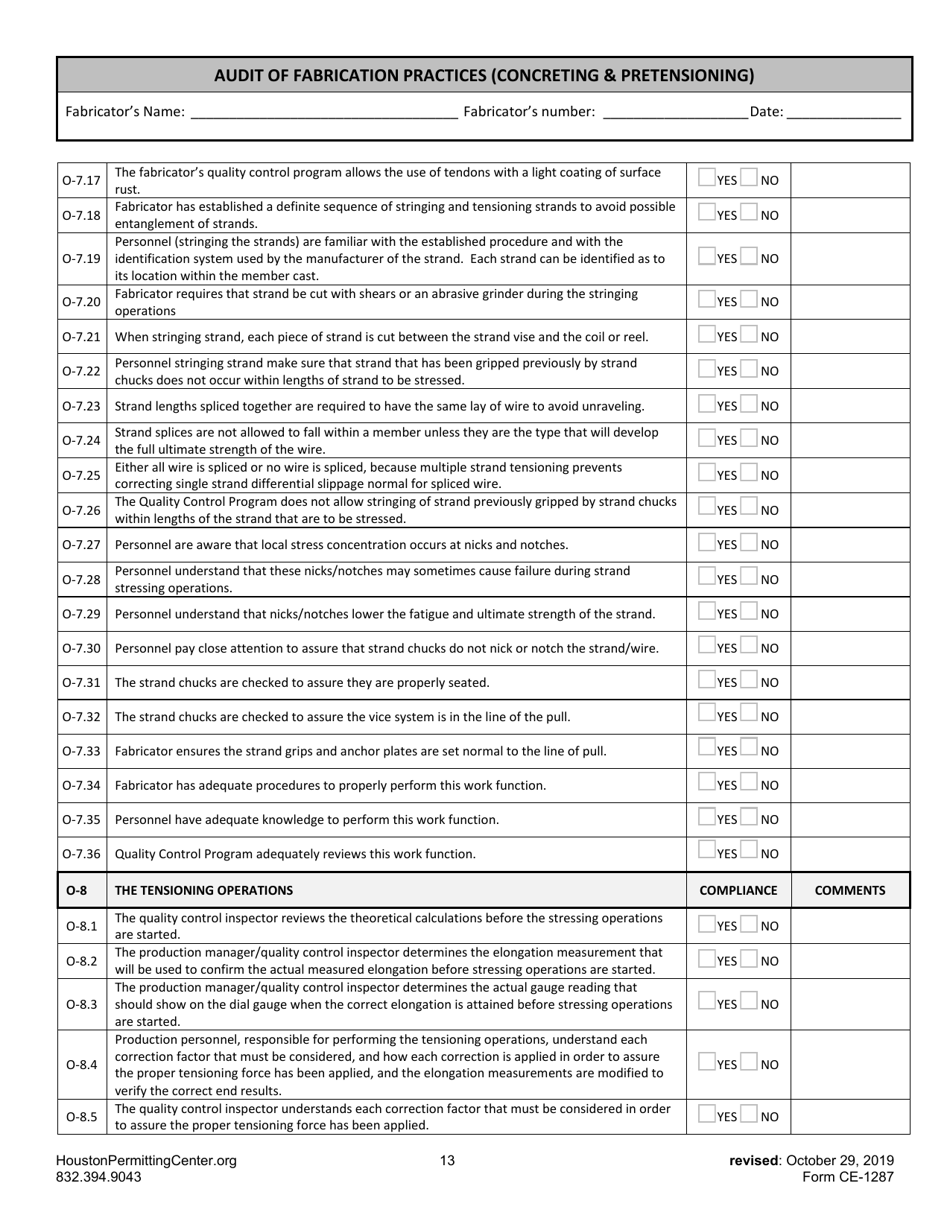 Form G (CE-1287) Audit of Fabrication Practices (Concreting  Pretensioning) - City of Houston, Texas, Page 13