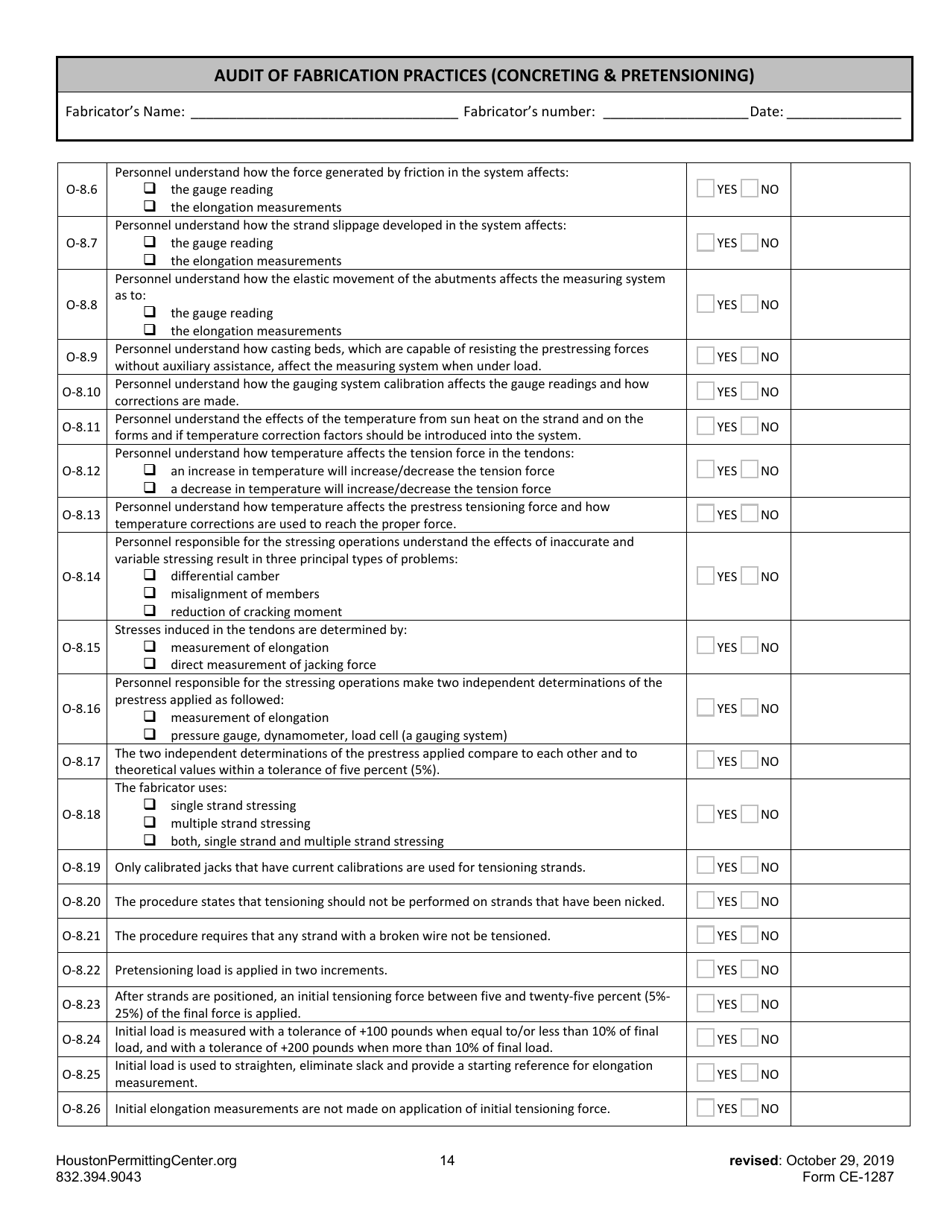 Form G (CE-1287) Audit of Fabrication Practices (Concreting  Pretensioning) - City of Houston, Texas, Page 14