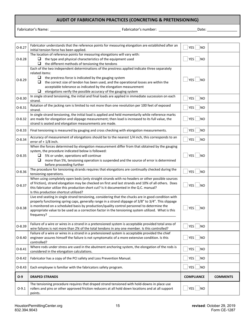 Form G (CE-1287) Audit of Fabrication Practices (Concreting  Pretensioning) - City of Houston, Texas, Page 15