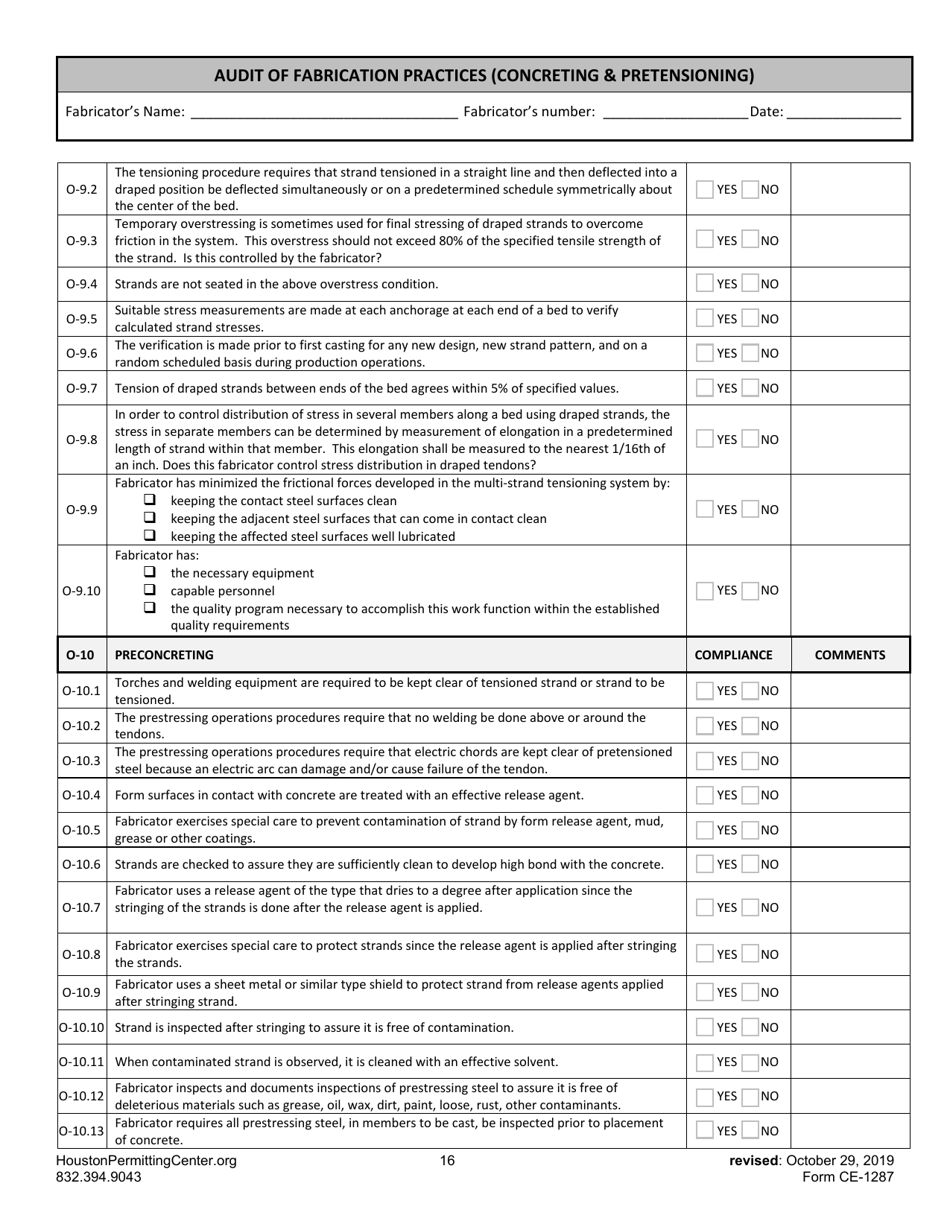 Form G (CE-1287) Audit of Fabrication Practices (Concreting  Pretensioning) - City of Houston, Texas, Page 16