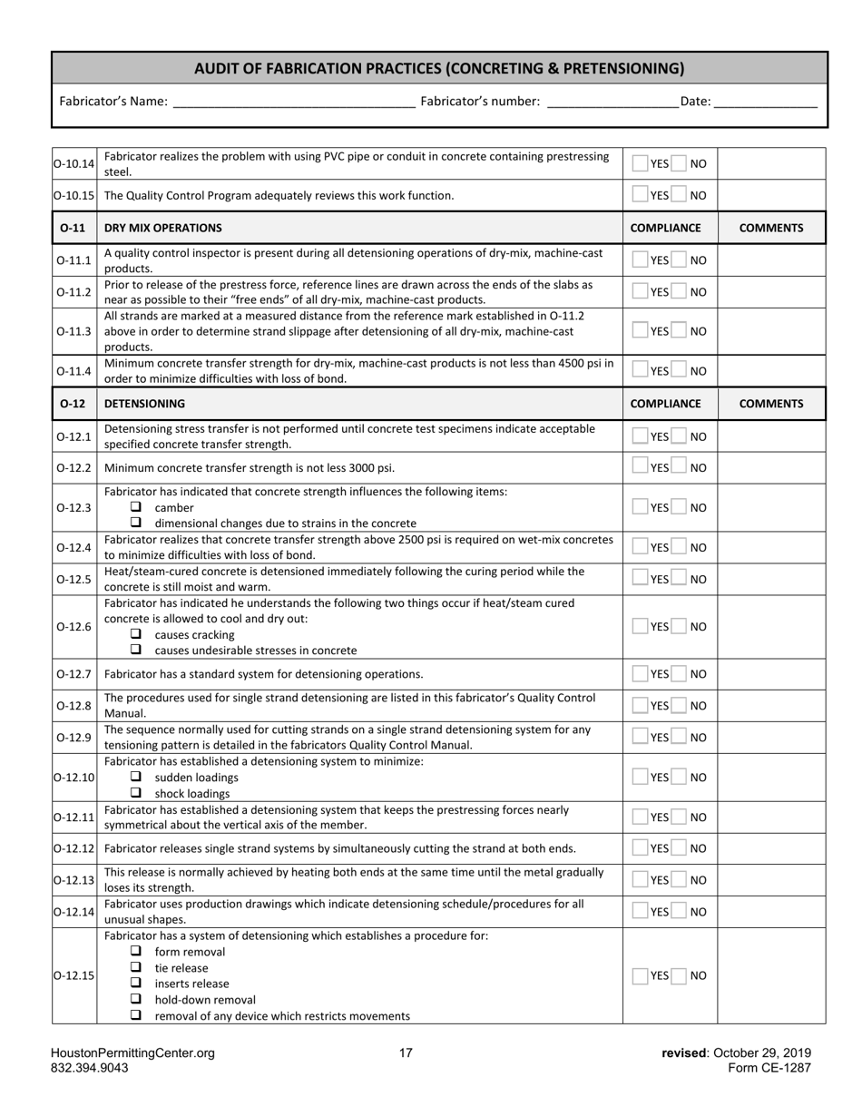 Form G (CE-1287) Audit of Fabrication Practices (Concreting  Pretensioning) - City of Houston, Texas, Page 17