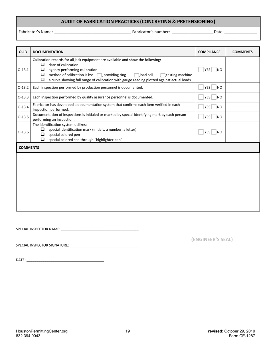 Form G (CE-1287) Audit of Fabrication Practices (Concreting  Pretensioning) - City of Houston, Texas, Page 19
