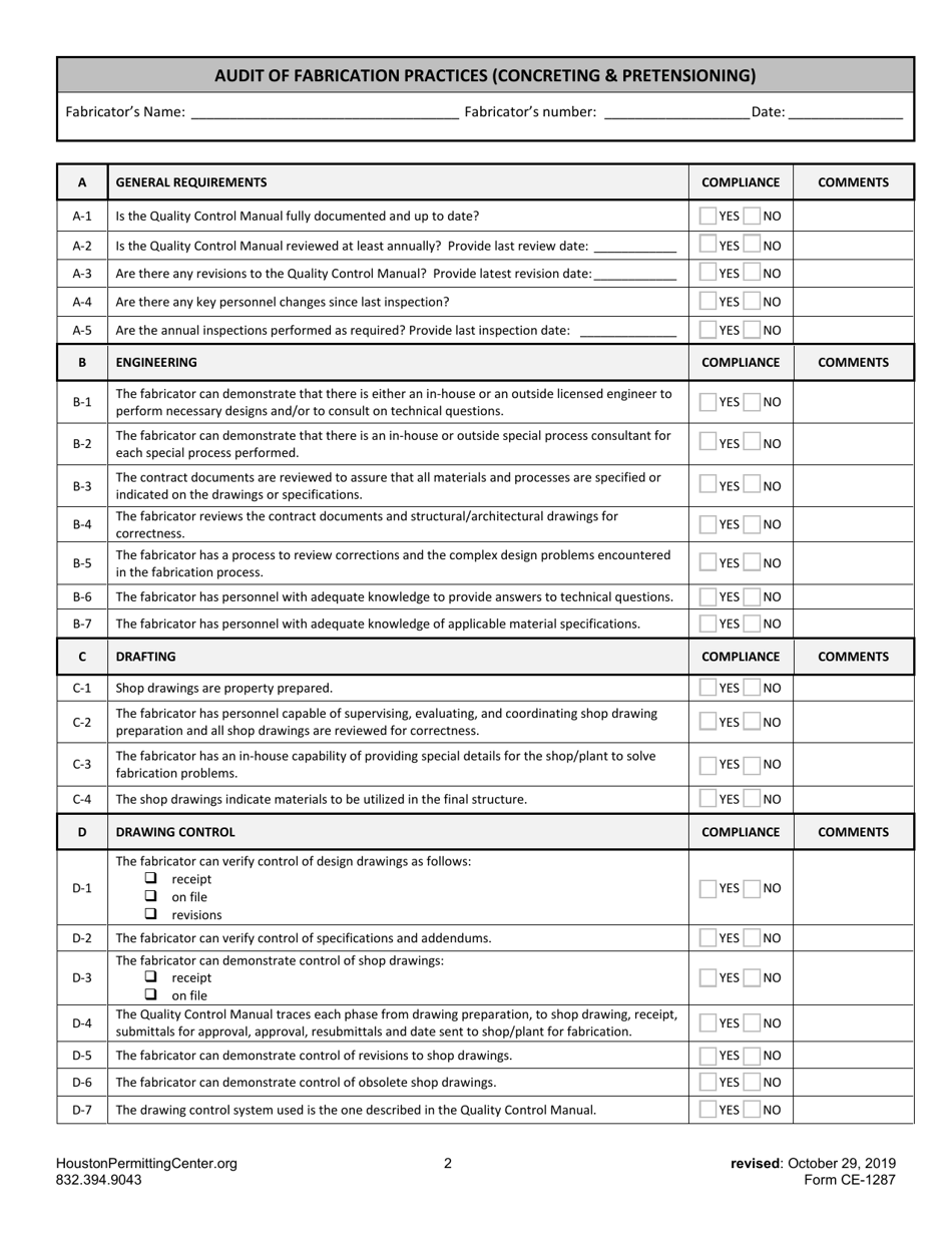 Form G (CE-1287) Audit of Fabrication Practices (Concreting  Pretensioning) - City of Houston, Texas, Page 2