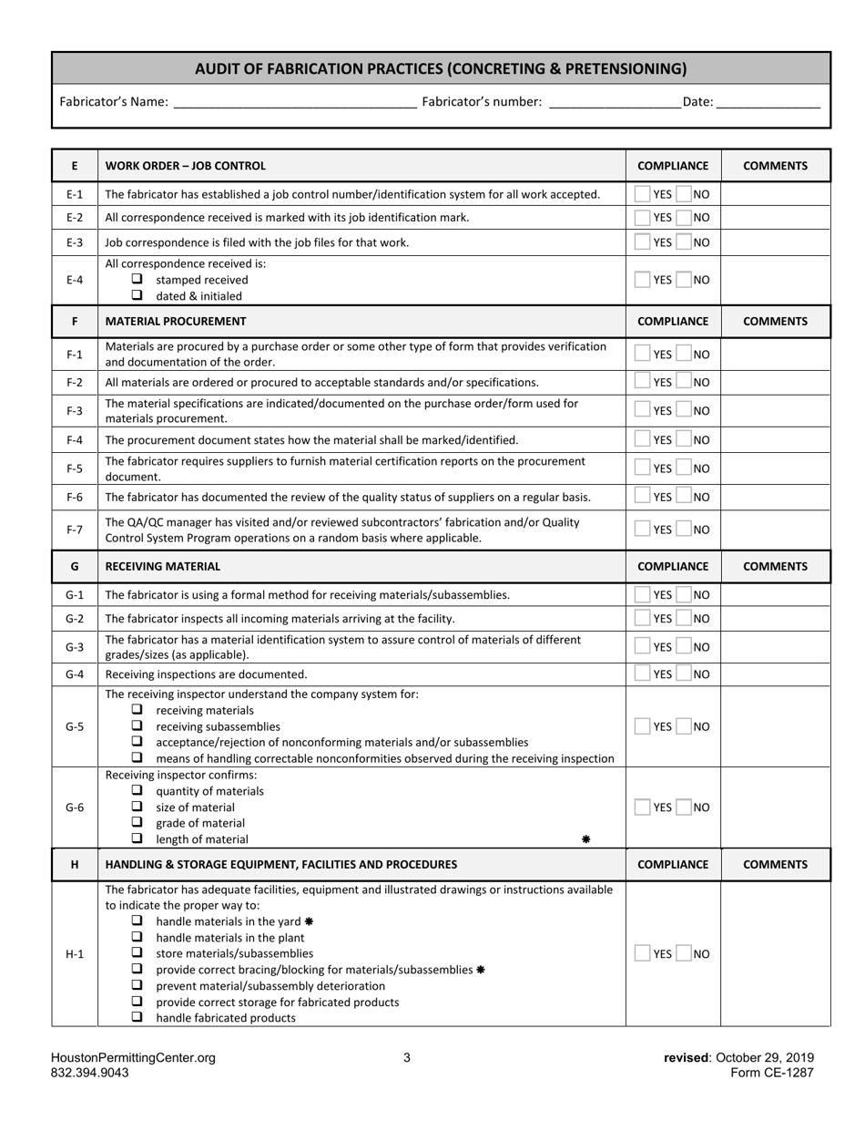 Form G (CE-1287) Audit of Fabrication Practices (Concreting  Pretensioning) - City of Houston, Texas, Page 3