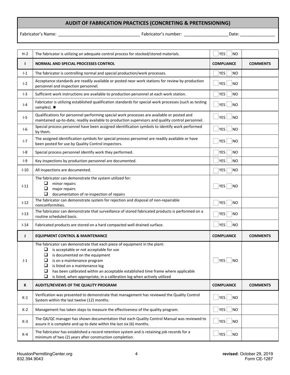 Form G (CE-1287) Audit of Fabrication Practices (Concreting  Pretensioning) - City of Houston, Texas, Page 4